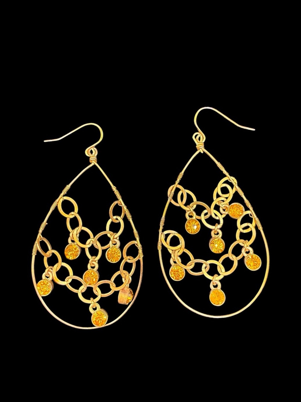 Gold Teardrop Dangle Earrings with Amber Accents - Women Jewelry